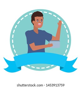 happy man holding tablet mobile vector illustration