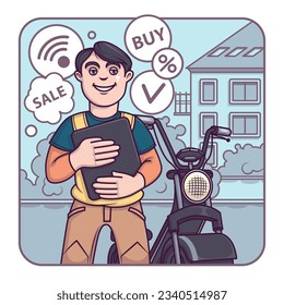 Happy man holding tablet, standing near scooter and shopping online. Buying transport online via internet, using modern gadget. Flat vector illustration in cartoon style