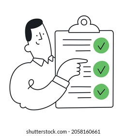 Happy man holding to-do list with checkboxes. To do list, done job, checklist. Outline, linear, thin line, doodle art. Simple style with editable stroke.
