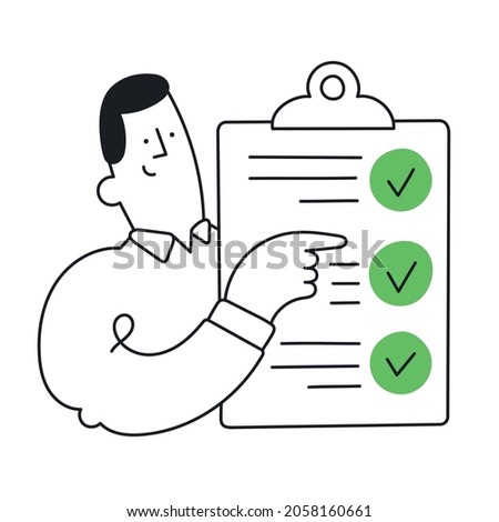 Happy man holding to-do list with checkboxes. To do list, done job, checklist. Outline, linear, thin line, doodle art. Simple style with editable stroke.