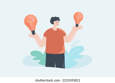 Happy man holding two lightbulbs in hands. Employee with new ideas flat vector illustration. Creativity, innovation, development, start-up concept for banner, website design or landing web page
