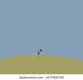 Homem feliz segurando guarda-chuva dançando no topo da montanha verde sob o céu azul. Design colorido mínimo.