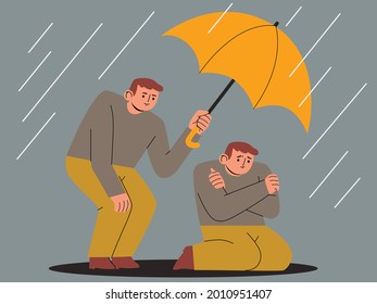 Happy man holding an umbrella to protect himself from rain. Love yourself, self care, self acceptance, mental health  concept. Hand drawn vector cartoon style illustration