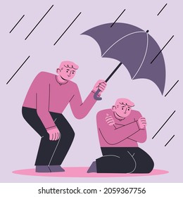 Happy man holding an umbrella to protect himself from rain. Love yourself, self care, self acceptance, mental health concept. Hand drawn vector cartoon style illustration