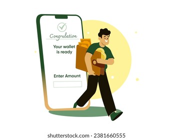 
Happy man holding wallet and coming out from phone. Mobile wallet.  Vector illustration.
