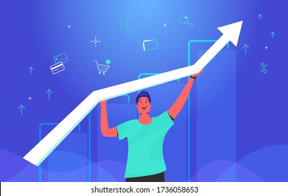 Happy man holding white arrow which growing up. Concept gradient vector illustration of a guy taking growing graph with financial ans investing symbols of credit cards, shop cart, business folder