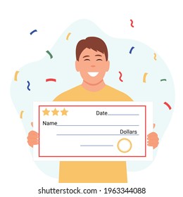 Happy man holding  winning check in hands. Blank lottery ticket template. Win lottery,winner.Money and business, finance success rich, lottery and award, vector illustration