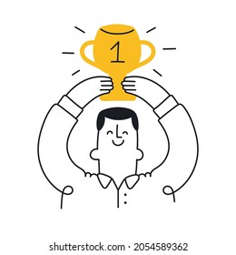 Happy man holding winning trophy. Victory, competition, championship, winning, success, achieving the goal concept. Outline, linear, thin line, doodle art. Simple style with editable stroke.