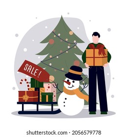 Happy man holding Xmas present. Cartoon guy hold holiday gift. Concept of celebrating new year and christmas. Young adult with purchase for event. Sale and discount for holidays. Vector illustration