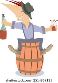 Happy man holds a bottle of wine and vine glass. 
Cartoon man with a bottle of wine and vine glass sits on the tun. Illustration on white background
