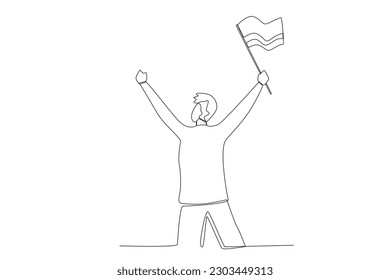 A happy man holds up the Colombian flag. Independencia de Colombia one-line drawing