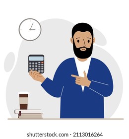 Happy man holds a digital calculator in his hand and gestures with his other hand to the calculator. Vector flat illustration