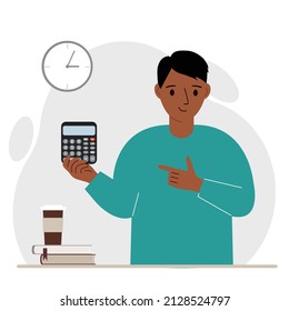 Happy man holds a digital calculator in his hand and gestures with his other hand to the calculator. Vector flat illustration