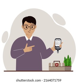 Happy Man Holds A Glucometer In His Hand. The Concept Of Blood Sugar Control, Diabetic. Vector Flat Illustration