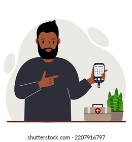 Un hombre feliz tiene un glucómetro en la mano. El concepto de control del azúcar en la sangre, diabético. Ilustración plana del vector