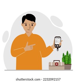 Un hombre feliz tiene un glucómetro en la mano. El concepto de control del azúcar en la sangre, diabético. Ilustración plana del vector