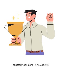 Happy man holds gold champion cup isolated on white background in flat cartoon style. Businessman or entrepreneur celebrate victory, professional achievement, career or job success or triumph. 