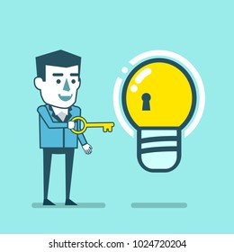 Happy man holds keys to the idea light bulb. Key to creativity, idea generation concept. Simple style vector illustration