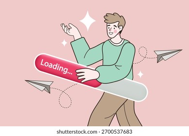 A happy man holds a loading progress bar, celebrating a successful product launch. This work in progress concept shows startup project being sent and uploaded successfully, anticipating a new release.