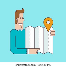 Happy man holds a paper map with a marker. Location, navigation concept. Vector illustration.
