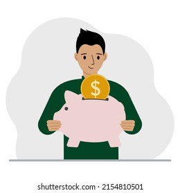 Happy man holds a piggy bank, a coin falls into the piggy bank. The concept of saving finance, savings, investing finances. Vector flat illustration