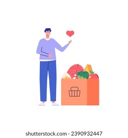 Happy man holds a plate of soup, food box in hands. Concept of food drive, social care, volunteering, support and help for poor people, food donation. Cartoon flat vector illustration for web banner