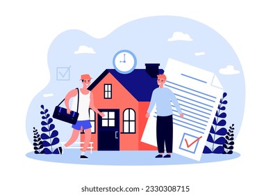 Happy man hosting rentals vector illustration. Tourist with bag signing rental contract with owner and moving in house for vacation. Short term rental housing ban, summer concept