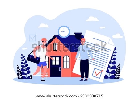 Happy man hosting rentals vector illustration. Tourist with bag signing rental contract with owner and moving in house for vacation. Short term rental housing ban, summer concept