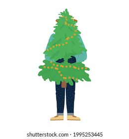 Happy man hugging carrying Christmas tree. Holiday preparation concept.