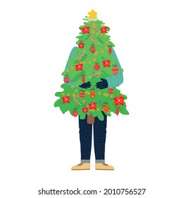 Happy man hugging carrying Christmas tree. Holiday preparation concept.