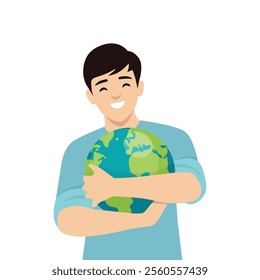 Happy man hugging globe. Flat vector illustration isolated on white background