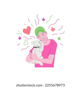 Happy man hugging little dog or puppy, cartoon flat vector illustration isolated on white background. Guy holding dog and cuddling. Concepts of pet owning, animal shelter and adoption.