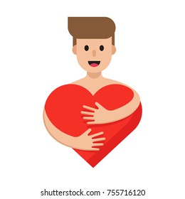 Happy man hugging red heart. Character and heart flat vector illustration