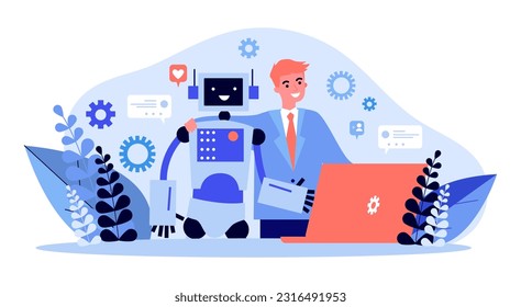 Happy man hugging robot vector illustration. Human and chatbot working together, communicating via messages. Customer service, artificial intelligence, virtual assistance concept