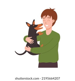 Happy Man Hugs His Dog, Flat Vector Illustration Isolated On White Background. Pet Adoption And Animal Shelter Concepts. Character Adopts Pet. Friendship Between Human And Animal.