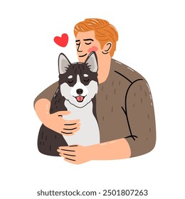 Happy man hugs husky breed dog. Illustration about the love of pet owners authors work