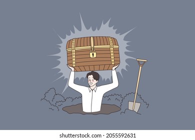 Happy man hunter seeker hold chest find treasure in ground. Excited male archeologist with gem artefact. Treasure gold hunting. Cartoon detailed illustration, flat vector.