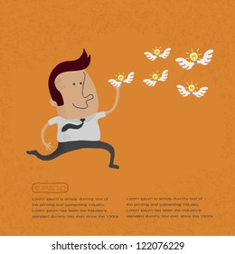 happy man hunting flying light bulb idea  , eps10 vector format