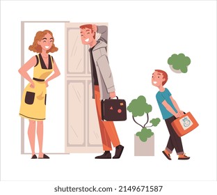 Happy Man Husband Character Coming Back and Returning Home Standing Near Open Door with Wife and Kid Welcoming Him Vector Illustration