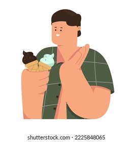 Happy man with ice cream cones in hands. eating sweet dessert ice cream. flat style. Vector illustration in cartoon style