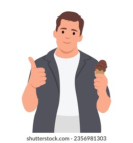 Happy man with ice cream cones in hands. Person licking icecream. Guy enjoying sweet dessert, eating tasty unhealthy sugar food with pleasure. Flat vector