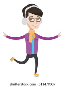Happy man ice skating. Young caucasian smiling sportsman ice skating. Cheerful man at skating rink. Vector flat design illustration isolated on white background.