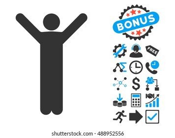 Happy Man icon with bonus pictogram. Vector illustration style is flat iconic bicolor symbols, blue and gray colors, white background.