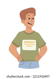 Happy man icon. Young guy in greenTshirt. Sticker for social networks and reaction for messengers. Emotions, facial expressions, gestures, mood and feelings. Cartoon flat vector illustration