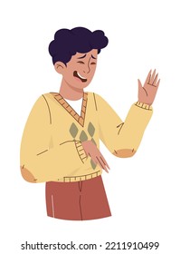Happy man icon. Young guy in yellow shirt laughs and spreads his arms. Sticker for social networks and messengers. Facial expressions and emotions, mood and feelings. Cartoon flat vector illustration