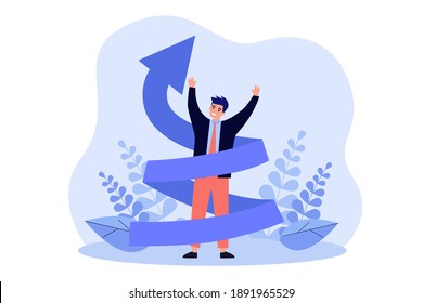 Happy man increasing career flat vector illustration. Cartoon positive character in suit with upward twisting or spiral arrow. Education and knowledge evolution concept