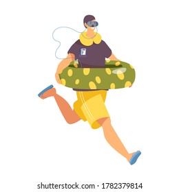 Happy man with inflatable ring running to sea or pool. Cartoon character drawn with vibrant colors