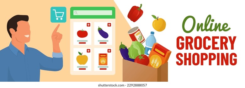 Happy man interacting with a virtual interface and ordering products, online grocery shopping concept