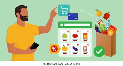 Happy man interacting with a virtual interface and ordering products, online grocery shopping concept