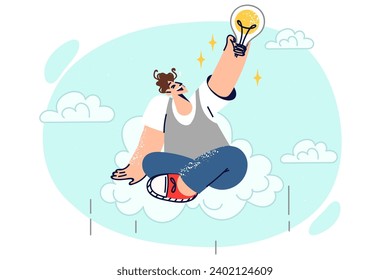 Happy man invented new idea sits on cloud and grabs light bulb with hand and dreams of implementing plans. Teenage boy smiles, rejoicing at the idea of launching startup with great potential.